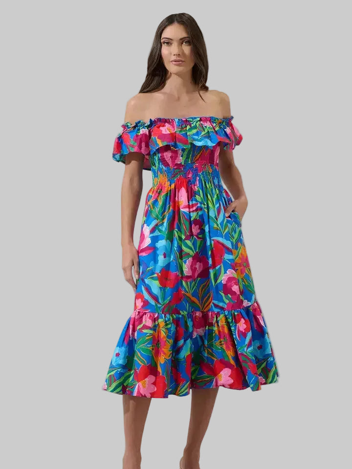 Naima Floral Off The Shoulder Smocked Midi Dress COBALT-PINK-MUL / S by Sugarlips Naima Floral Off The Shoulder Smocked Midi Dress COBALT-PINK-MUL / S by Sugarlips
