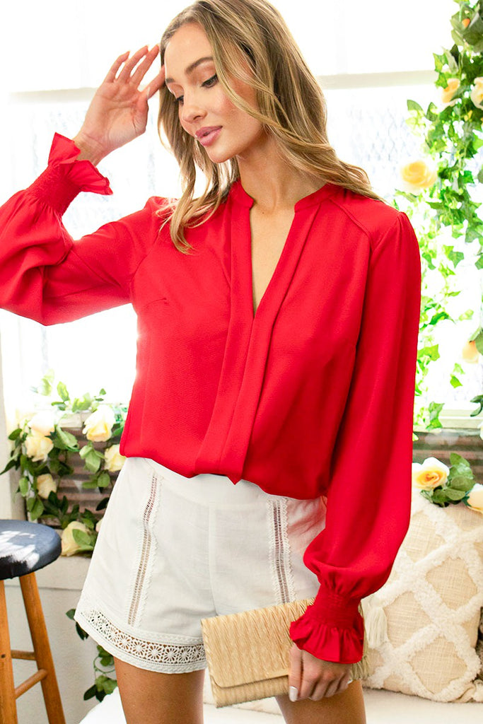 Henley Balloon Sleeve Blouse - Red