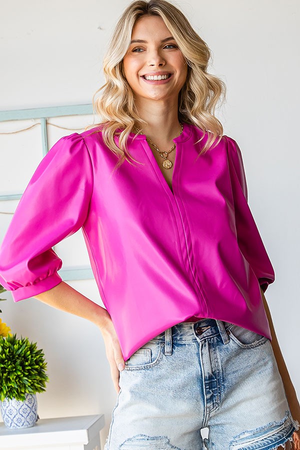 Shirred Faux Leather Top - Pink