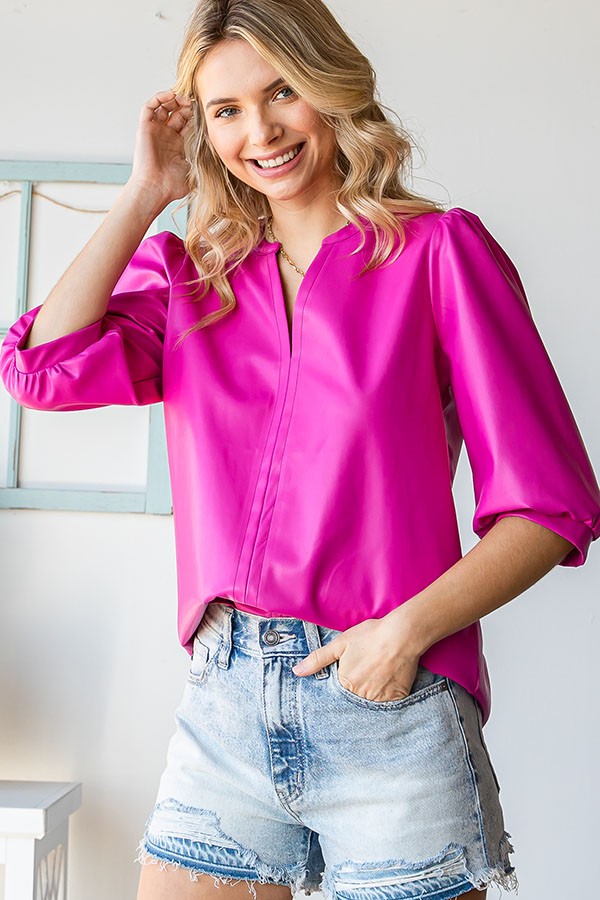 Shirred Faux Leather Top - Pink