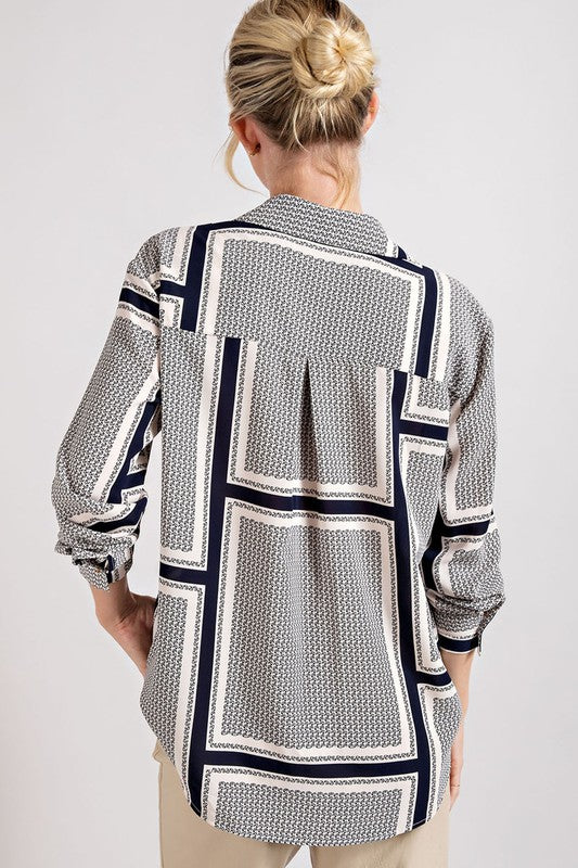 Button With Stripes Blouse - Navy