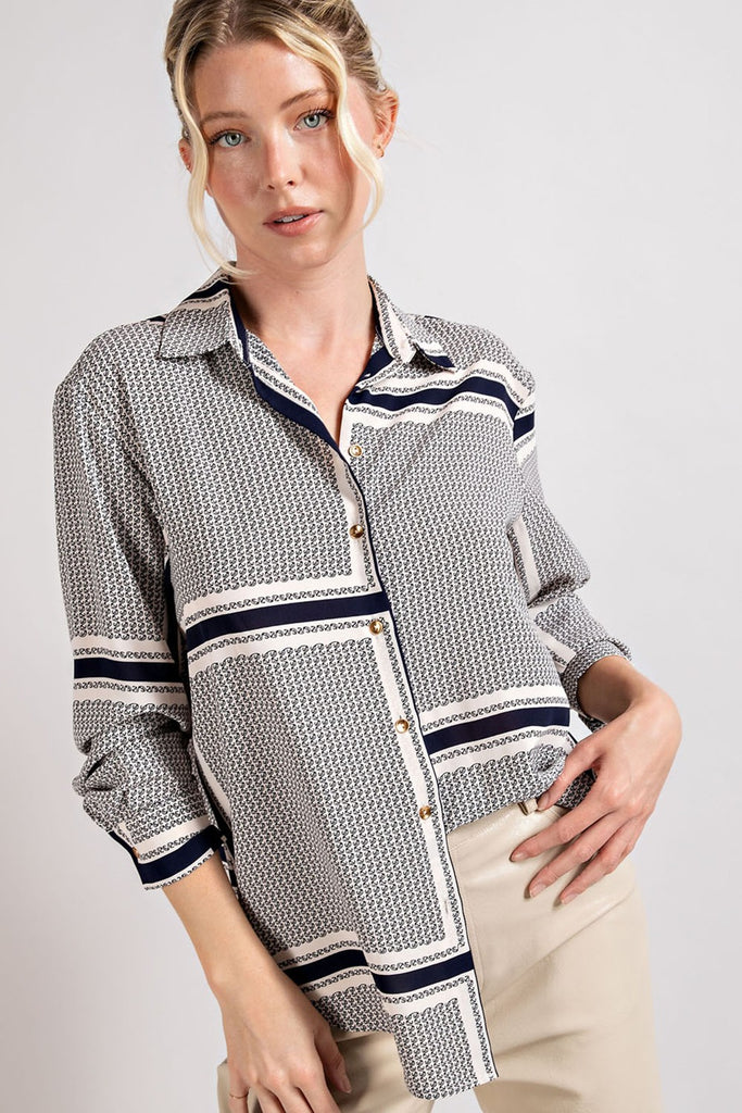 Button With Stripes Blouse - Navy