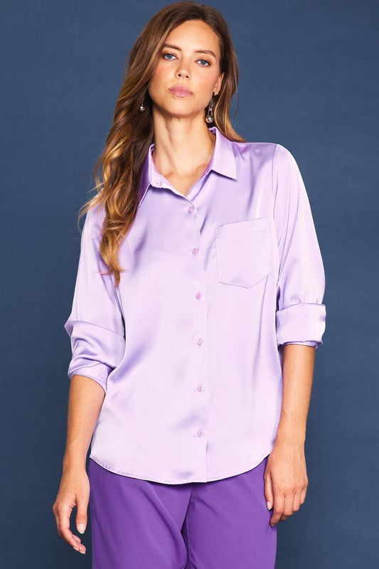 Lilac Luxe Satin Long Sleeve Button-Down Shirt