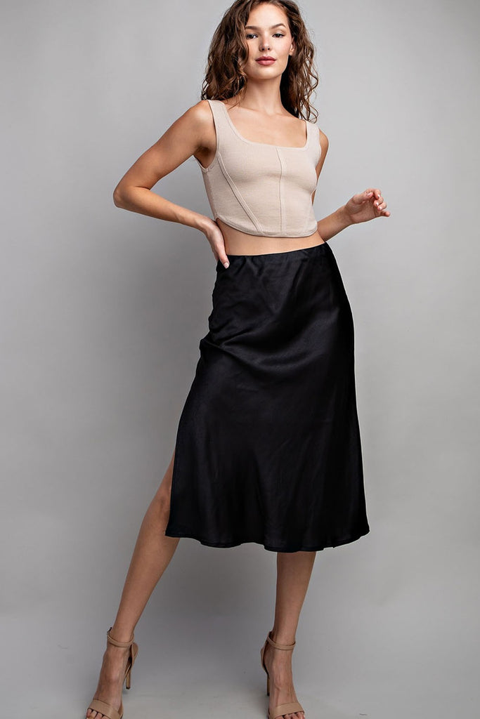 Satin Midi Skirt - Black