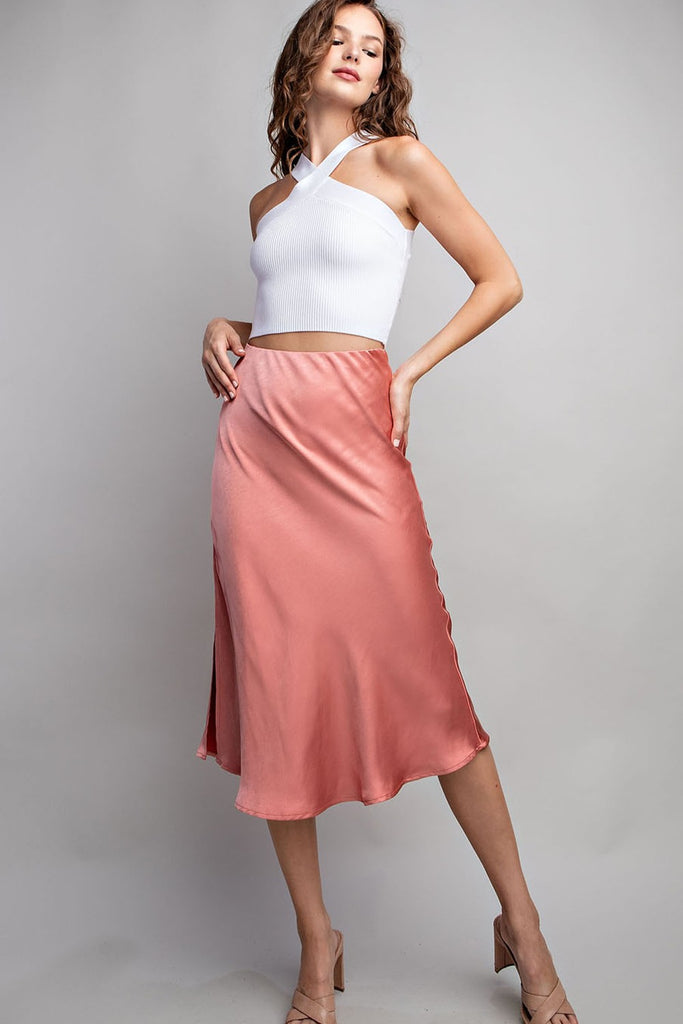 Satin Midi Skirt - Rose Gold