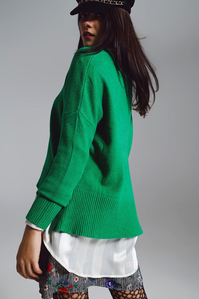 Oversized V-Neck Sweater - Green