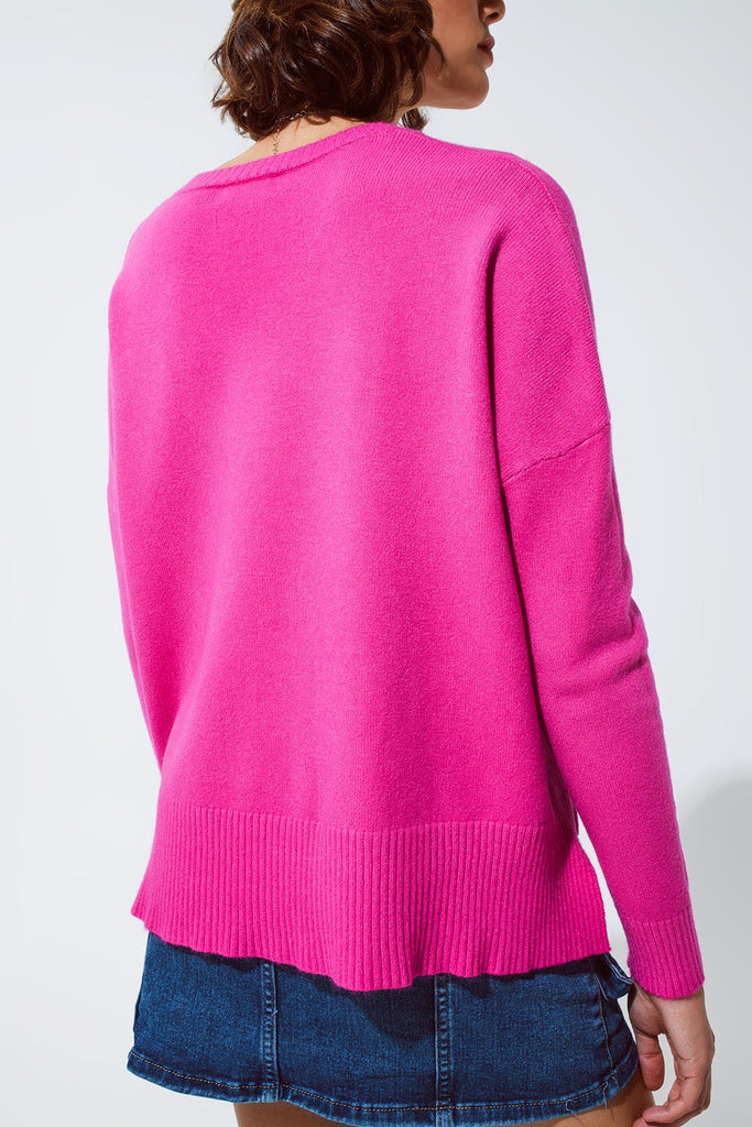 Oversized V-Neck Sweater - Pink