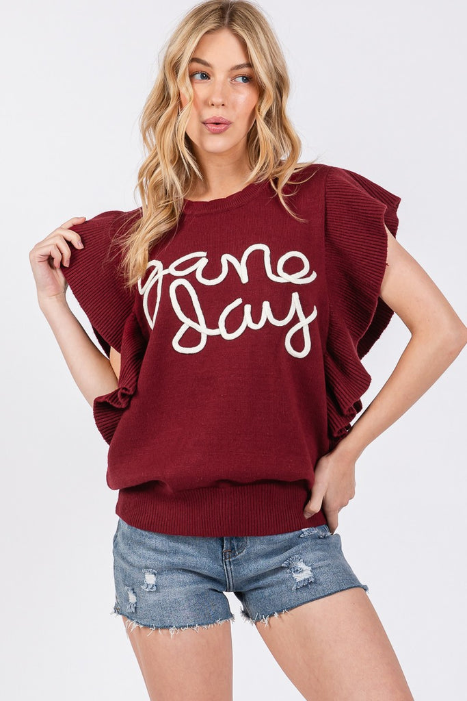 Ruffle Game Day Top - Burgundy/White