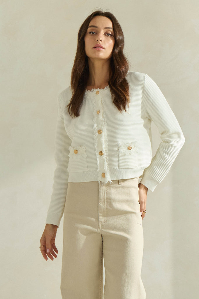 Classic Frayed Ivory Cardigan