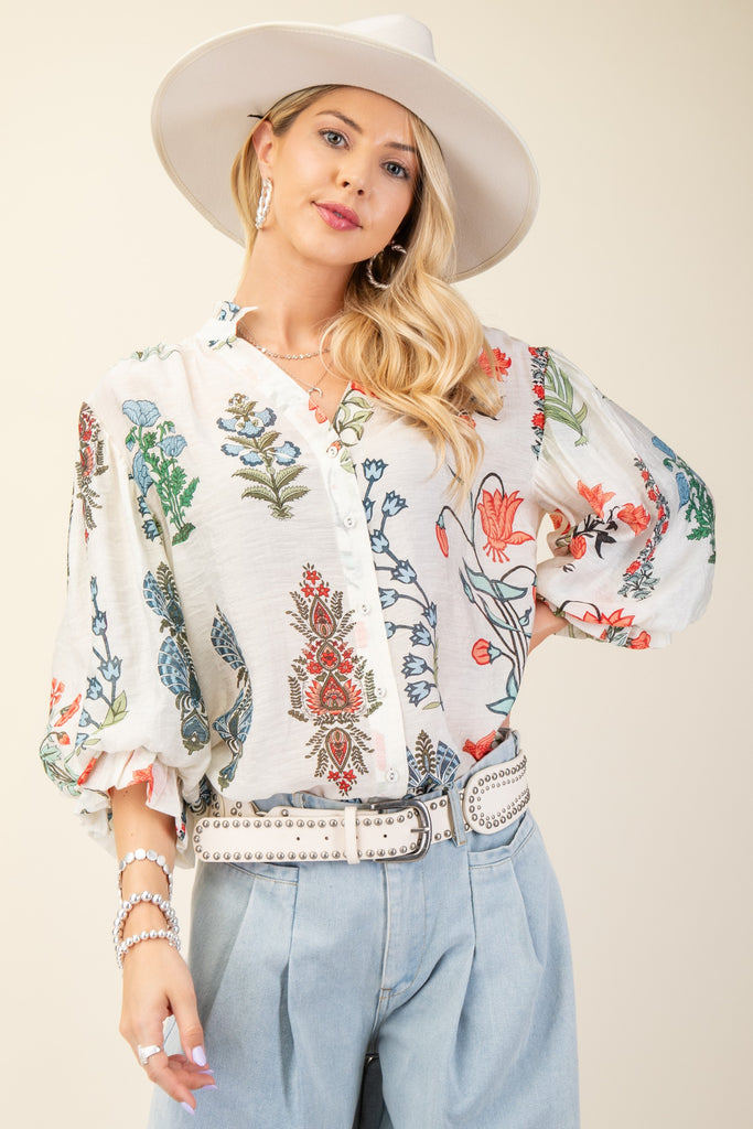 Gathered Balloon Sleeve Blouse - Off White