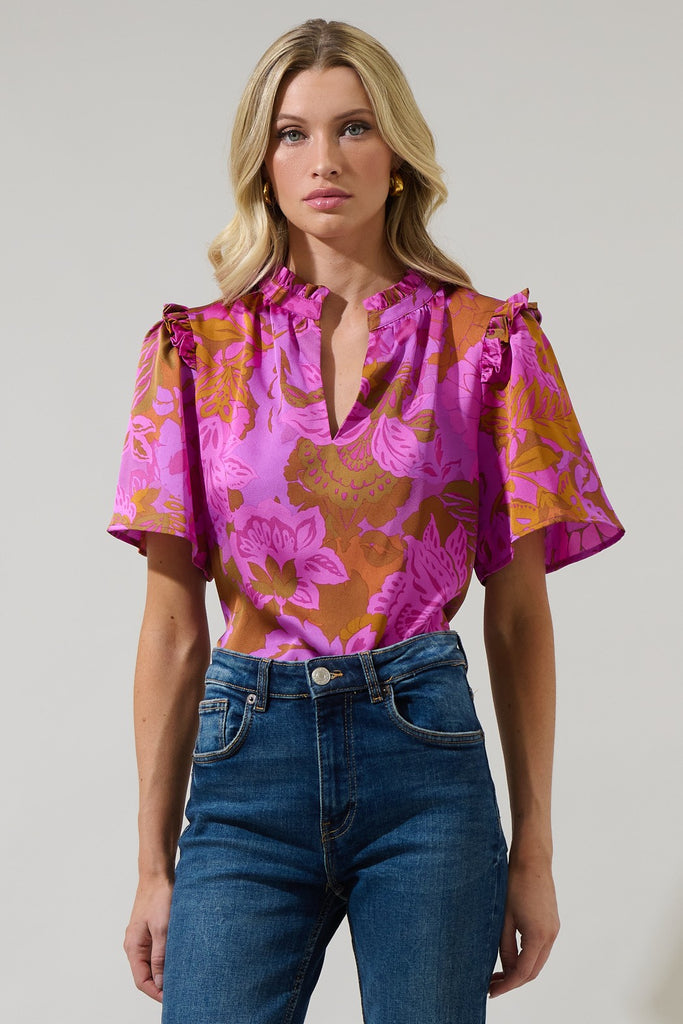 Lorian Rust Magenta Split Neck Top