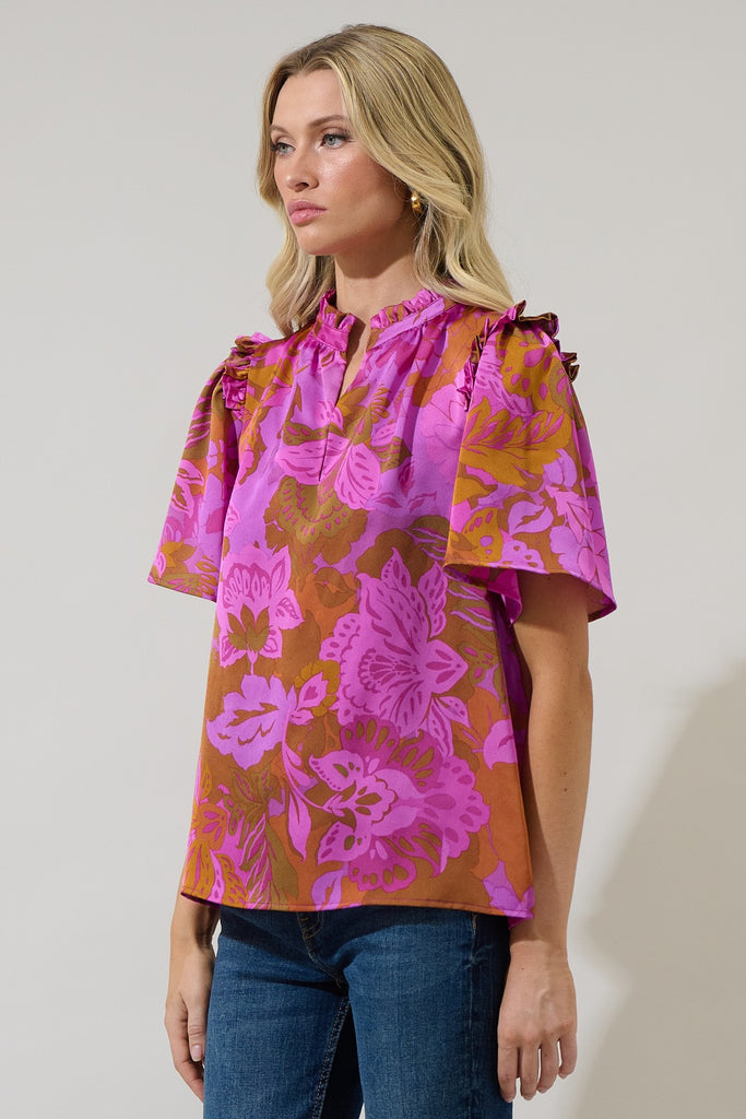 Lorian Rust Magenta Split Neck Top