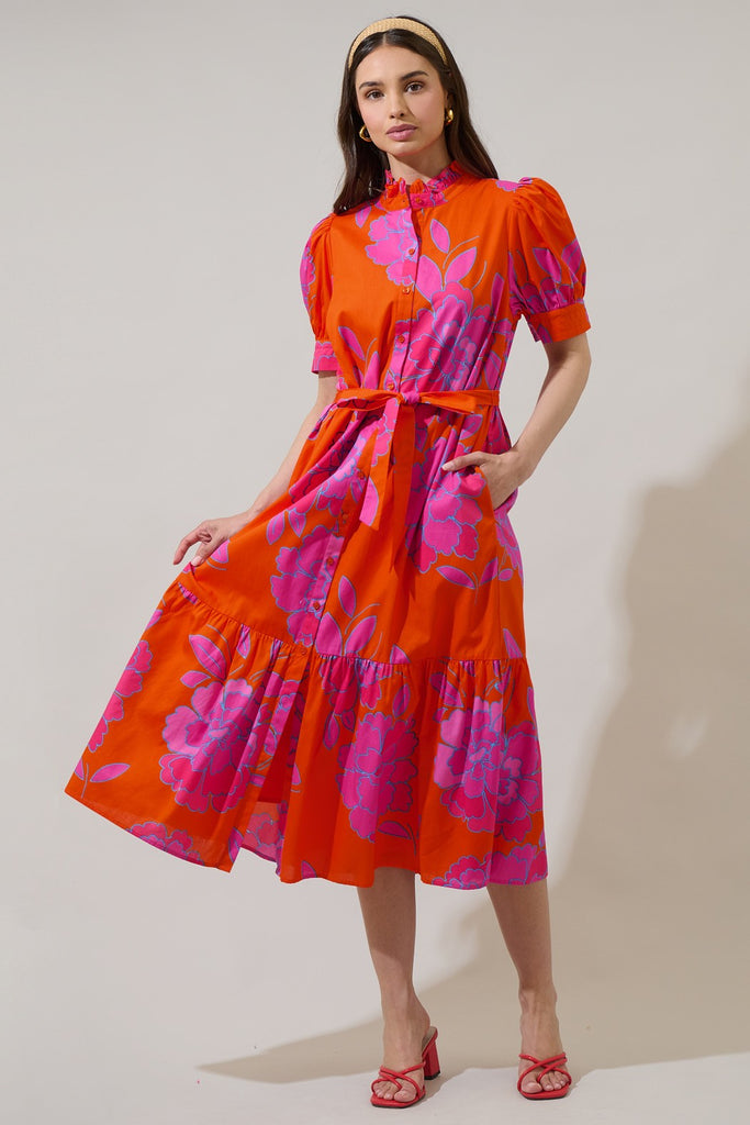 Floral Orange and Pink Button Up Midi Dress