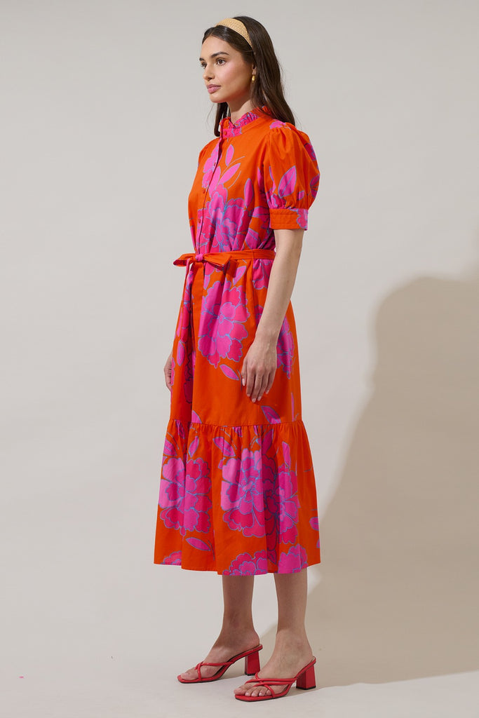 Floral Orange and Pink Button Up Midi Dress