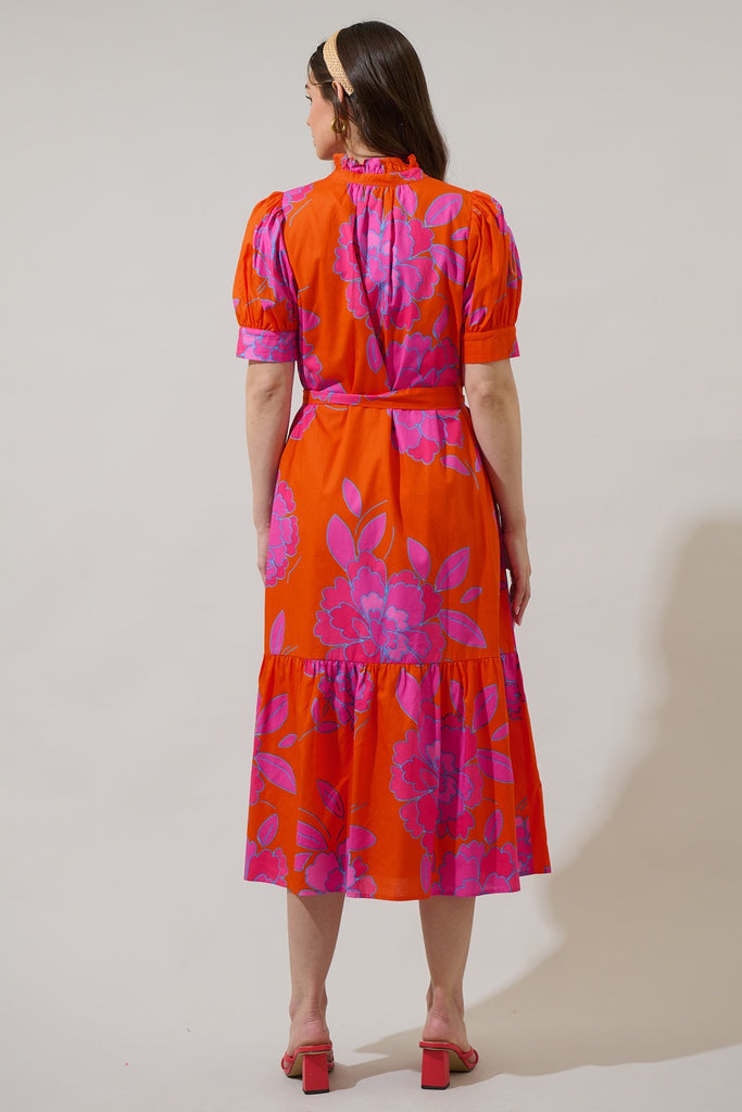 Floral Orange and Pink Button Up Midi Dress