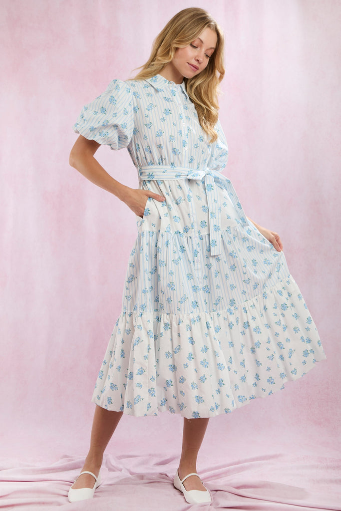 Bubble Stripe & Floral Midi Dress - Blue