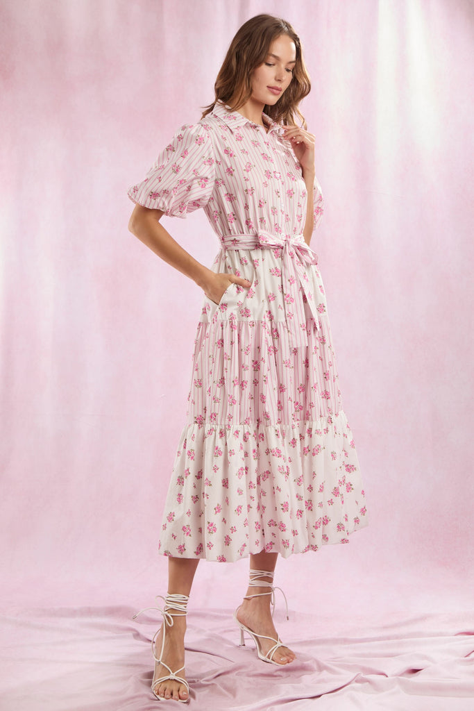 Bubble Stripe & Floral Midi Dress - Pink