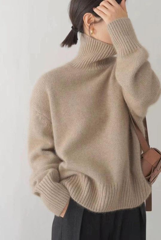 High Collar Knit Sweater - Camel