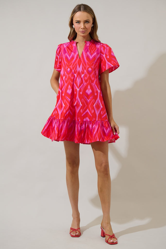 Ikat Red Pink Combo Mini Dress