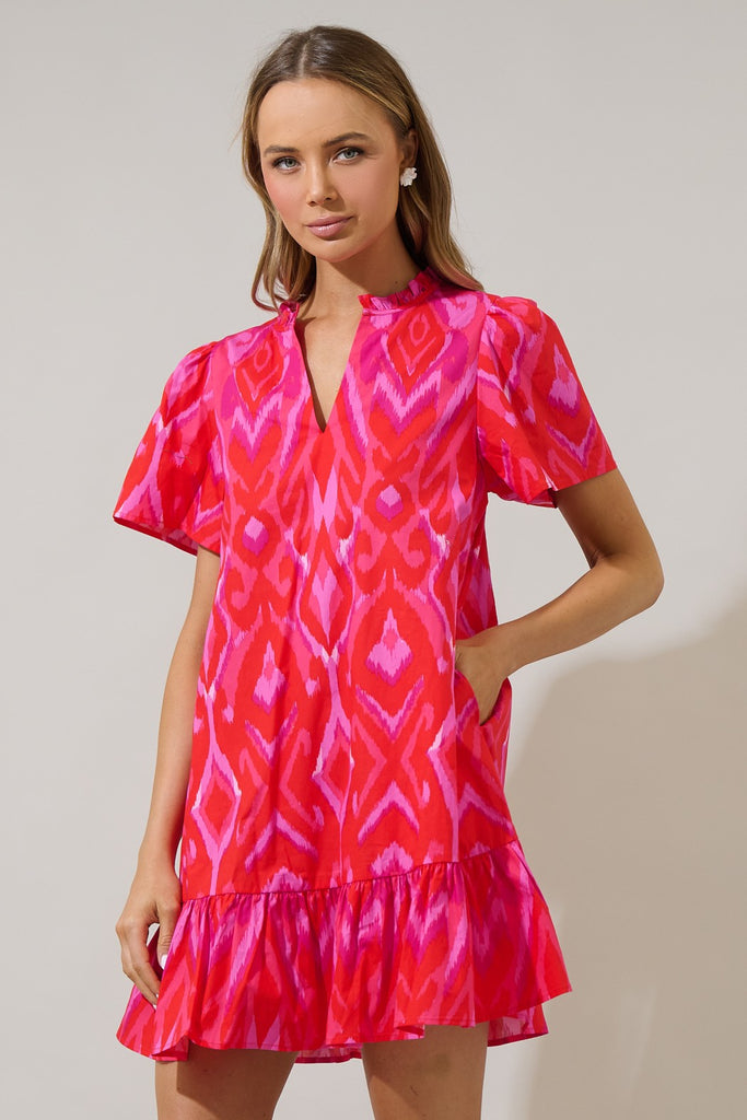 Ikat Red Pink Combo Mini Dress