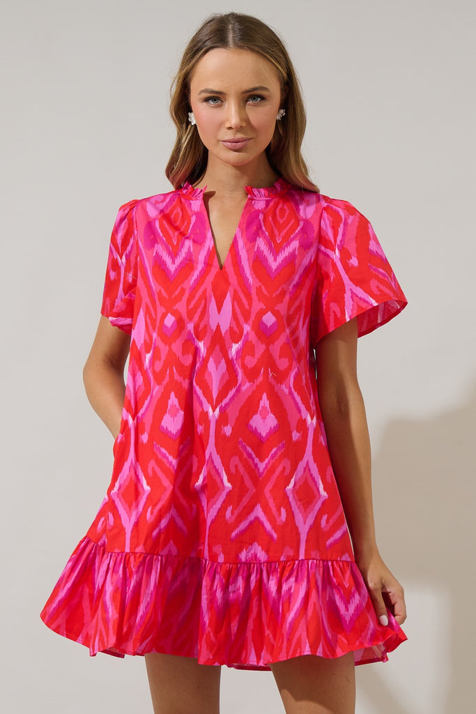 Ikat Red Pink Combo Mini Dress