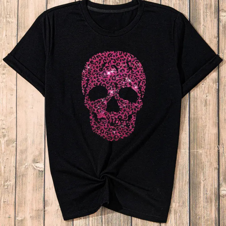 Rhinestone Pink Skull Black Short Sleeve T-Shirt