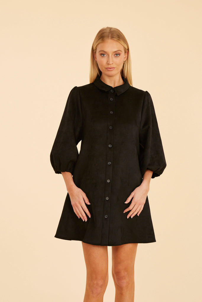 Suede Puff Sleeve Dress- Black