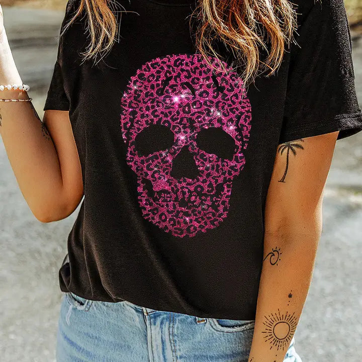 Rhinestone Pink Skull Black Short Sleeve T-Shirt