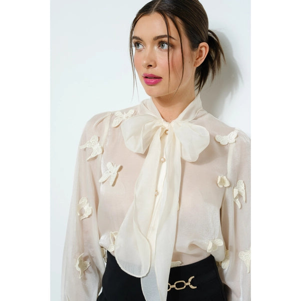 Sheer Butterfly Bow Tie Blouse