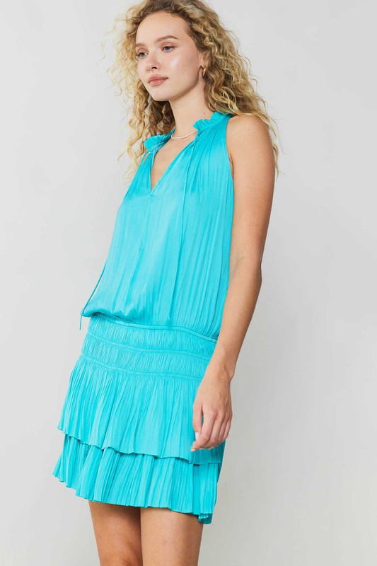 Pleated In Tiers Dress - Turquoise