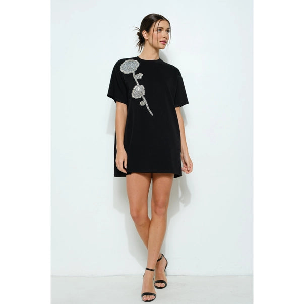 Oversized Bling Rose Embellished T-shirt dress