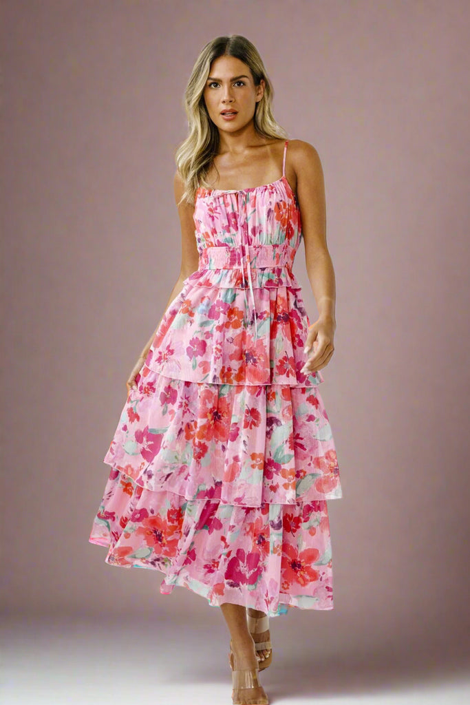 Pink And Green Garden Charm Midi Dress