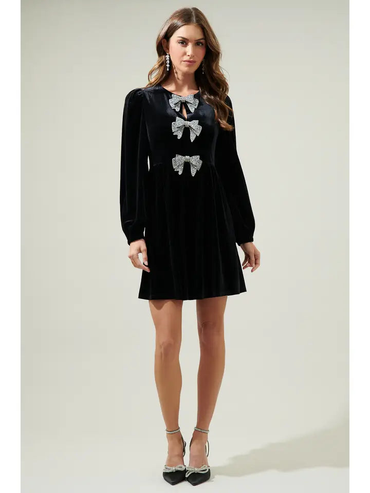 knee length dresses for ladies Manetica Black Bow Mini Dress with Diamond Straps M main image 0