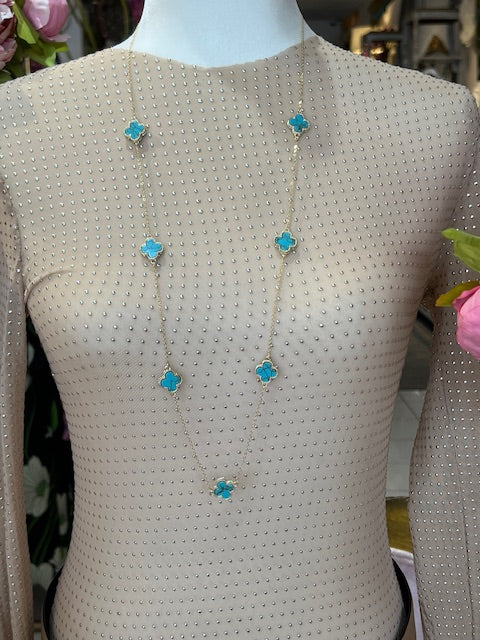 Turqiose Long Clover Necklace Gold