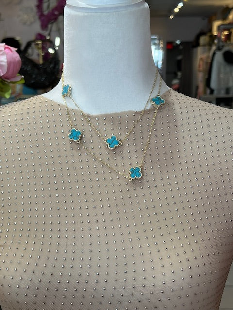Turqiose Long Clover Necklace Gold