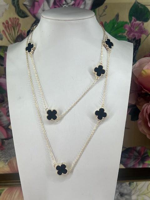 Black And Gold Long Clover Necklace