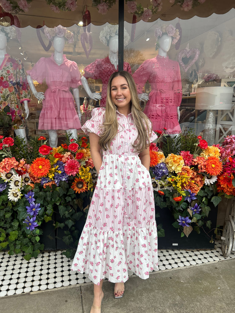 Bubble Stripe & Floral Midi Dress - Pink