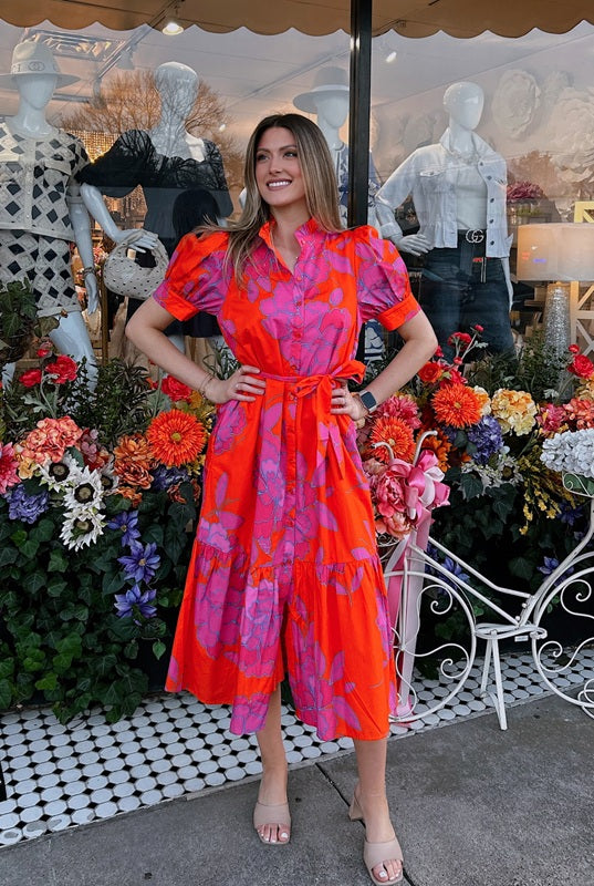 Floral Orange and Pink Button Up Midi Dress