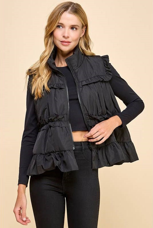 Ruffle Trim Vest - Black