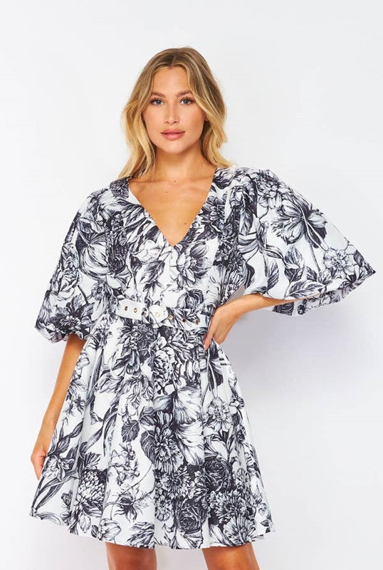 blue short sleeve dress Black Rose Print Halter Cutout Mini Dress