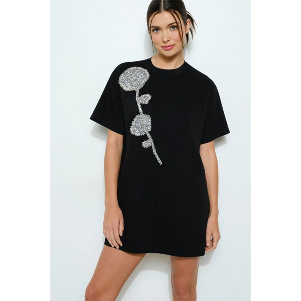 Oversized Bling Rose Embellished T-shirt dress