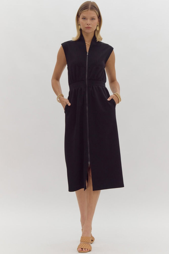 Front Zip Solid Midi Dress