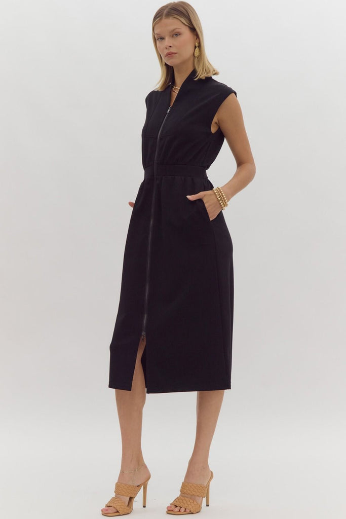 Front Zip Solid Midi Dress