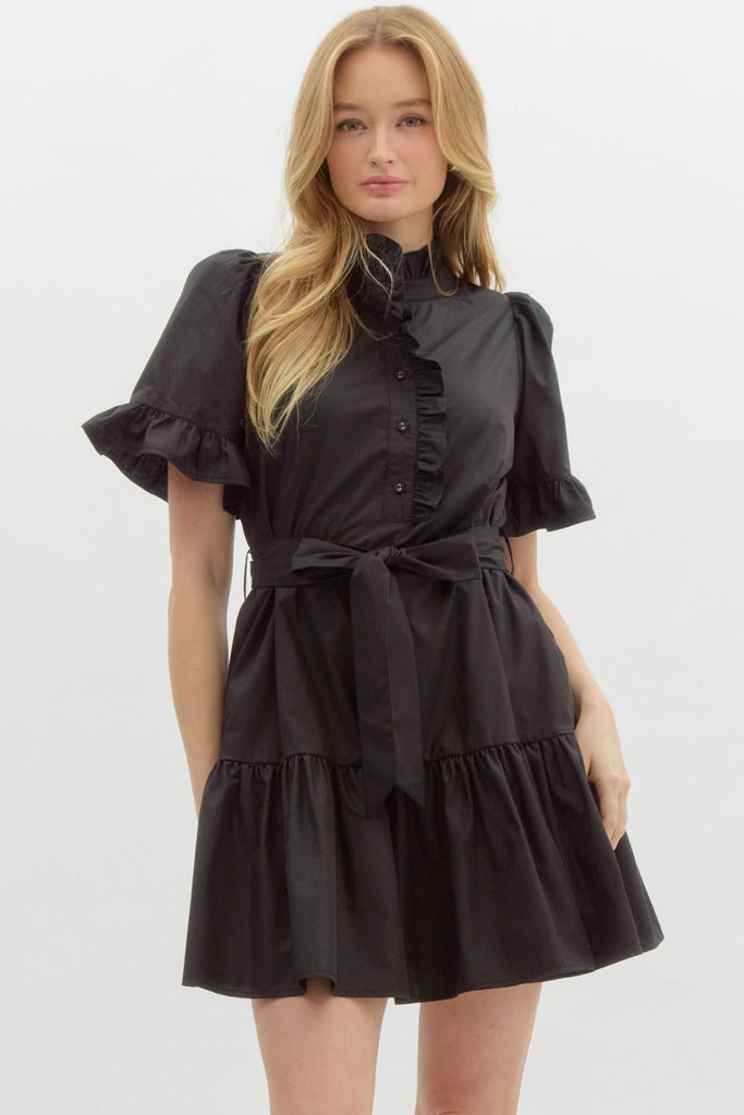 Ruffle Closure Mini Dress - Black