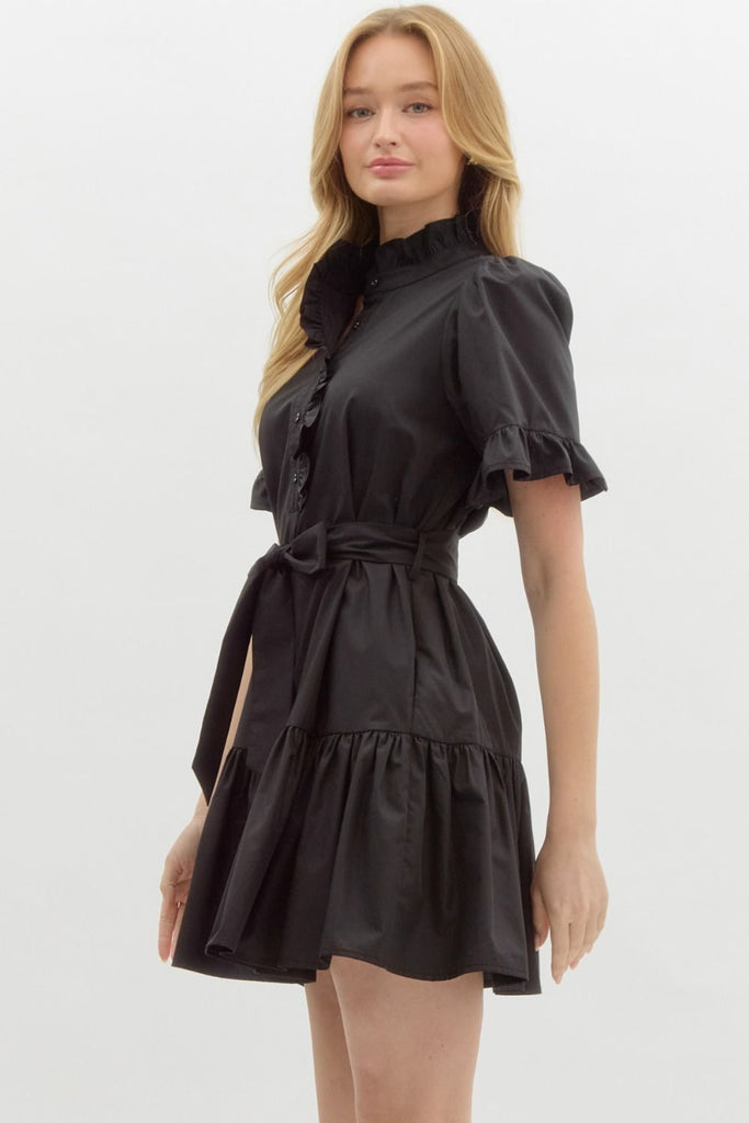 Ruffle Closure Mini Dress - Black