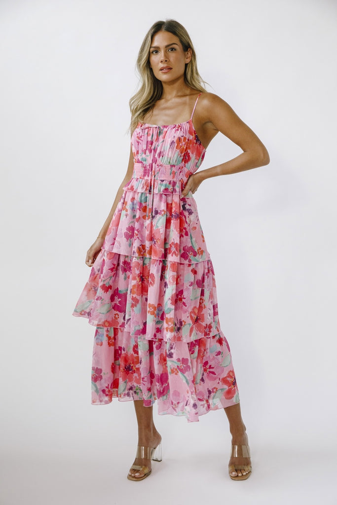 Pink And Green Garden Charm Midi Dress