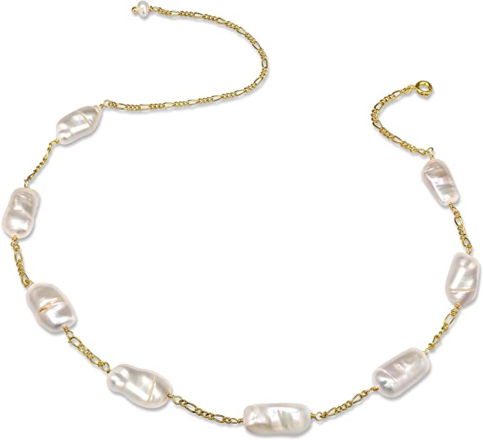18K Gold Pearl Link Choker Necklace